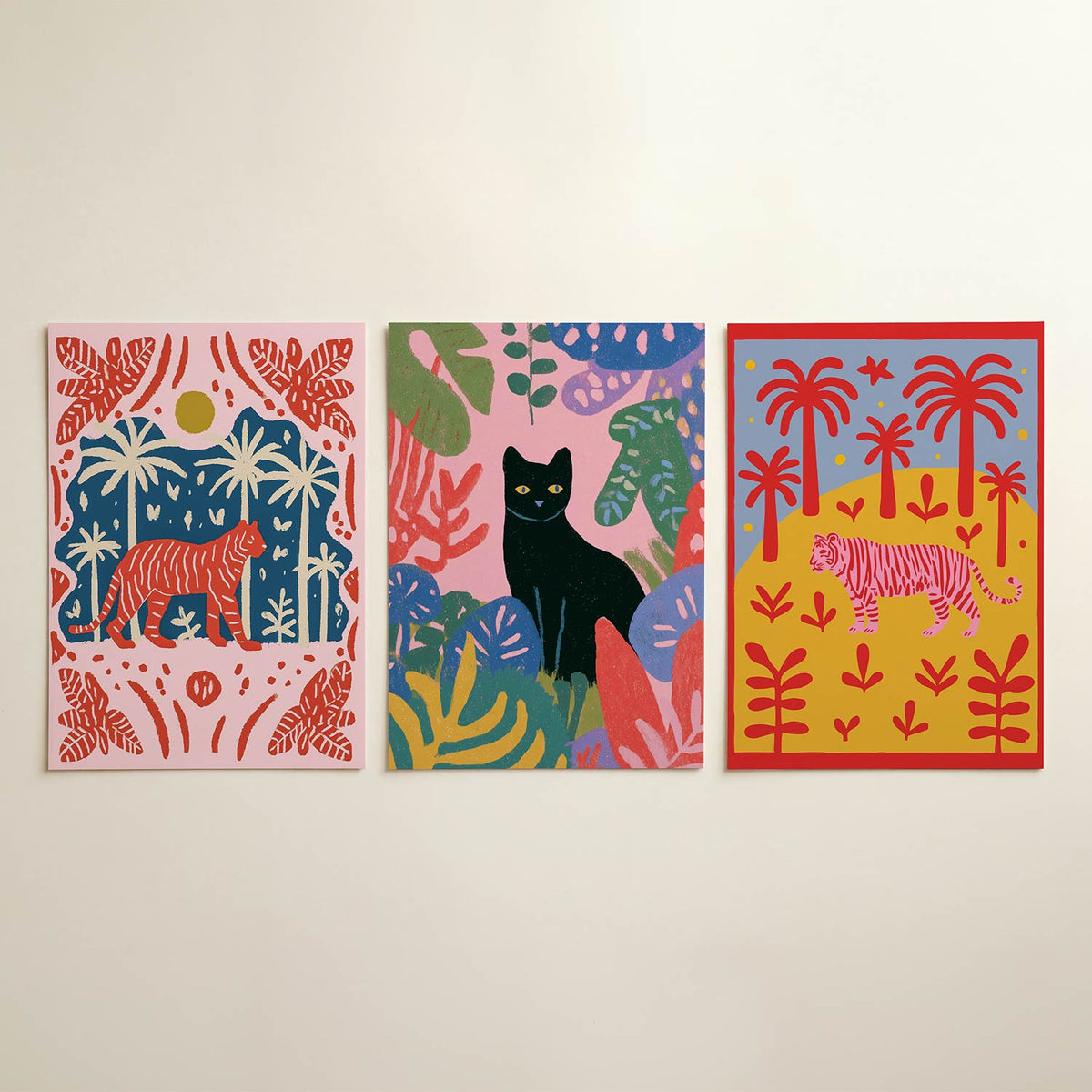 Jungle ritme posterset – detailweergave – deze posterset in drie delen toont een levendige tijger