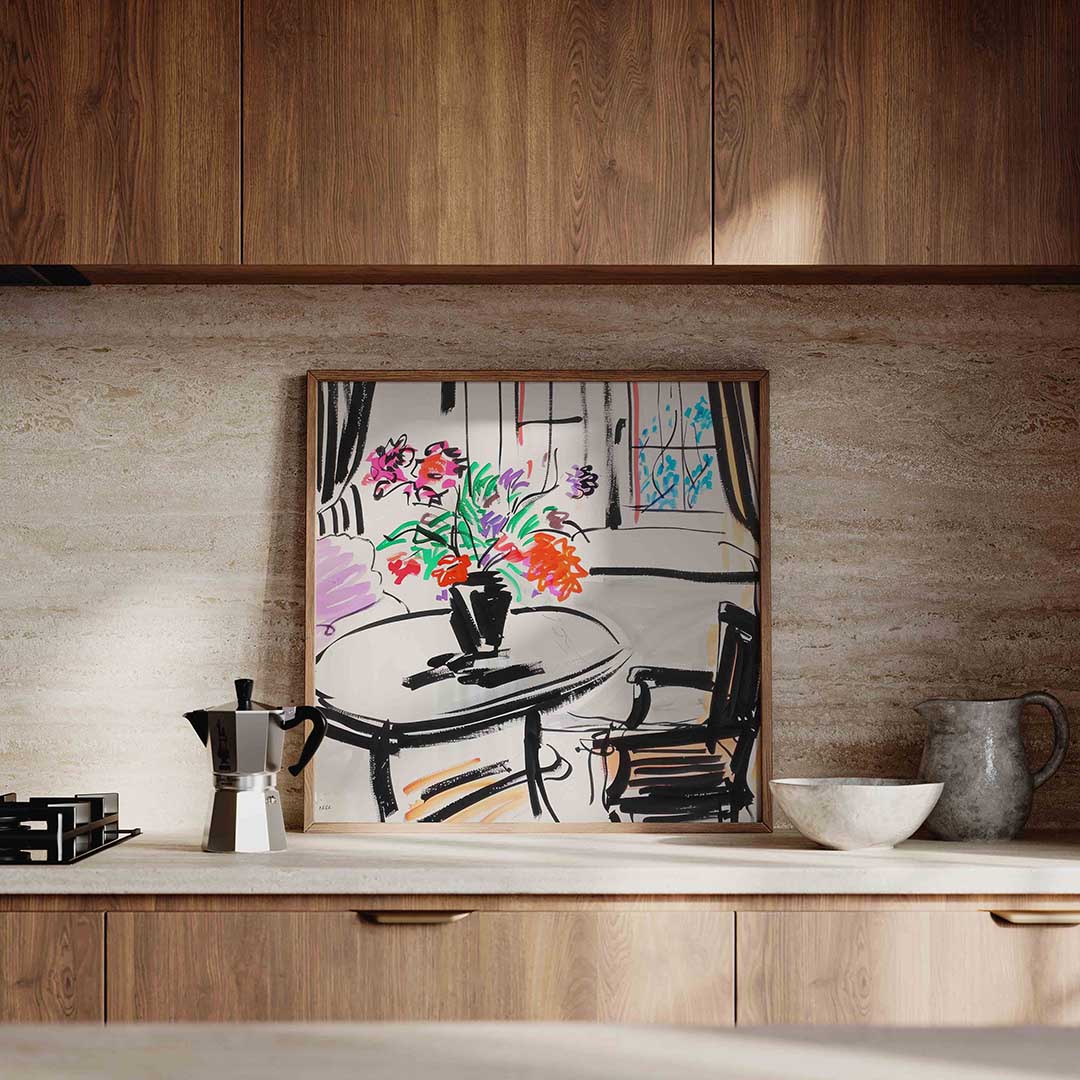 Bloemen op tafel – culinaire wandkunst als vierkante poster