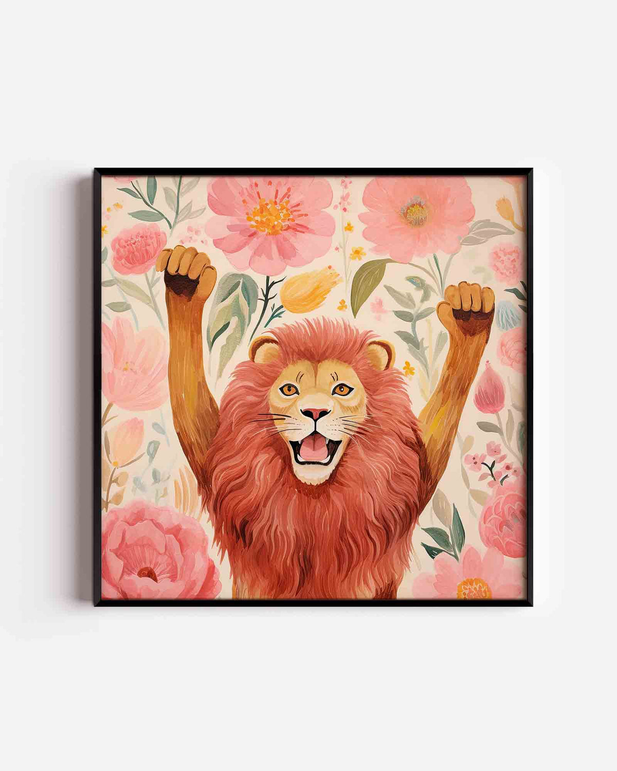 Leeuw met bloemen – vierkante kinderposter als wanddecoratie