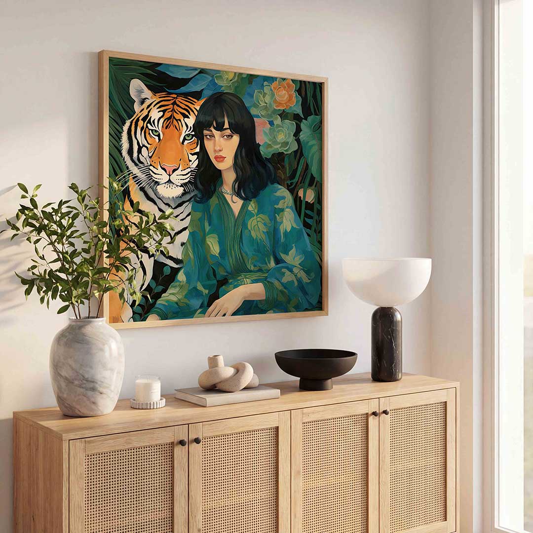 Vrouw en tijger – illustratie poster in vierkant formaat