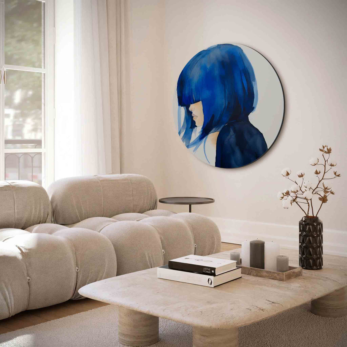 Blauwe haardos – muurcirkel met abstracte texturen voor aan de muur