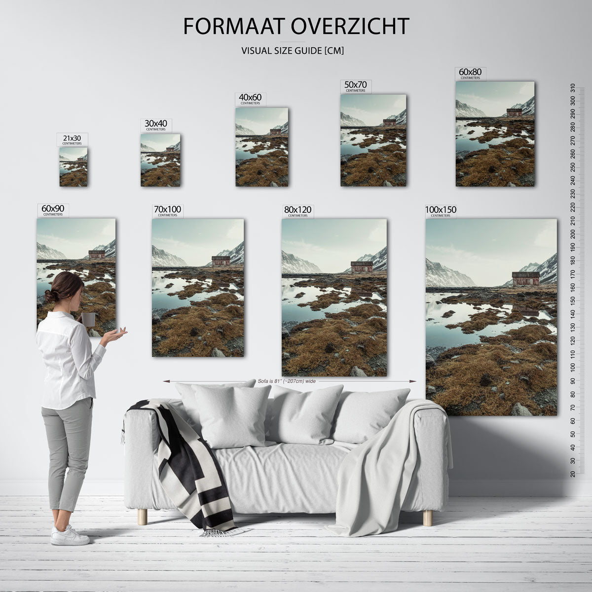 Rustieke berglandschap poster – sfeerbeeld – een serene scène met een eenzaam huisje aan de rand van een bergmeer, omringd