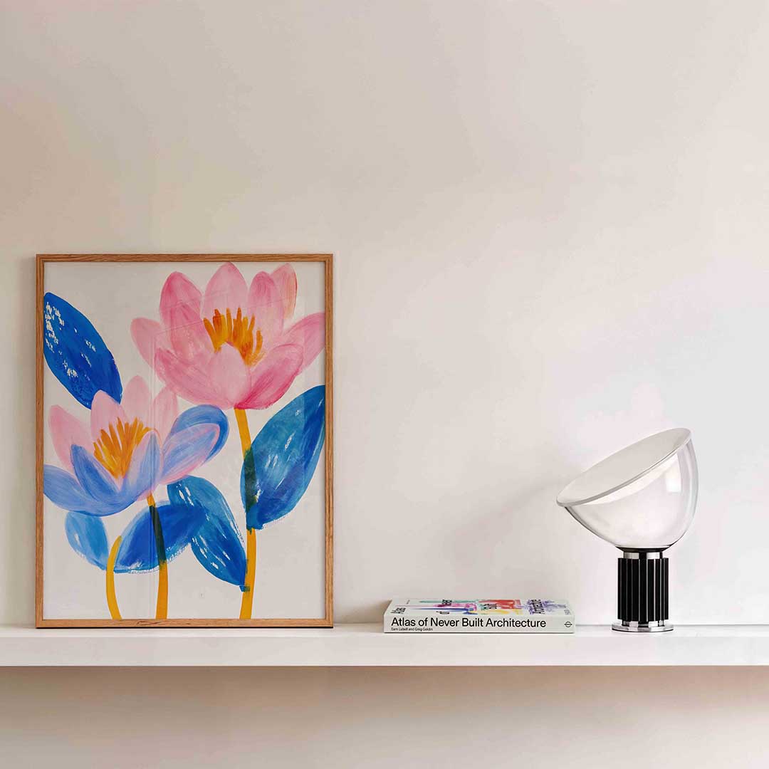 Bloemen in blauw en roze – bloemen wandkunst als portret poster