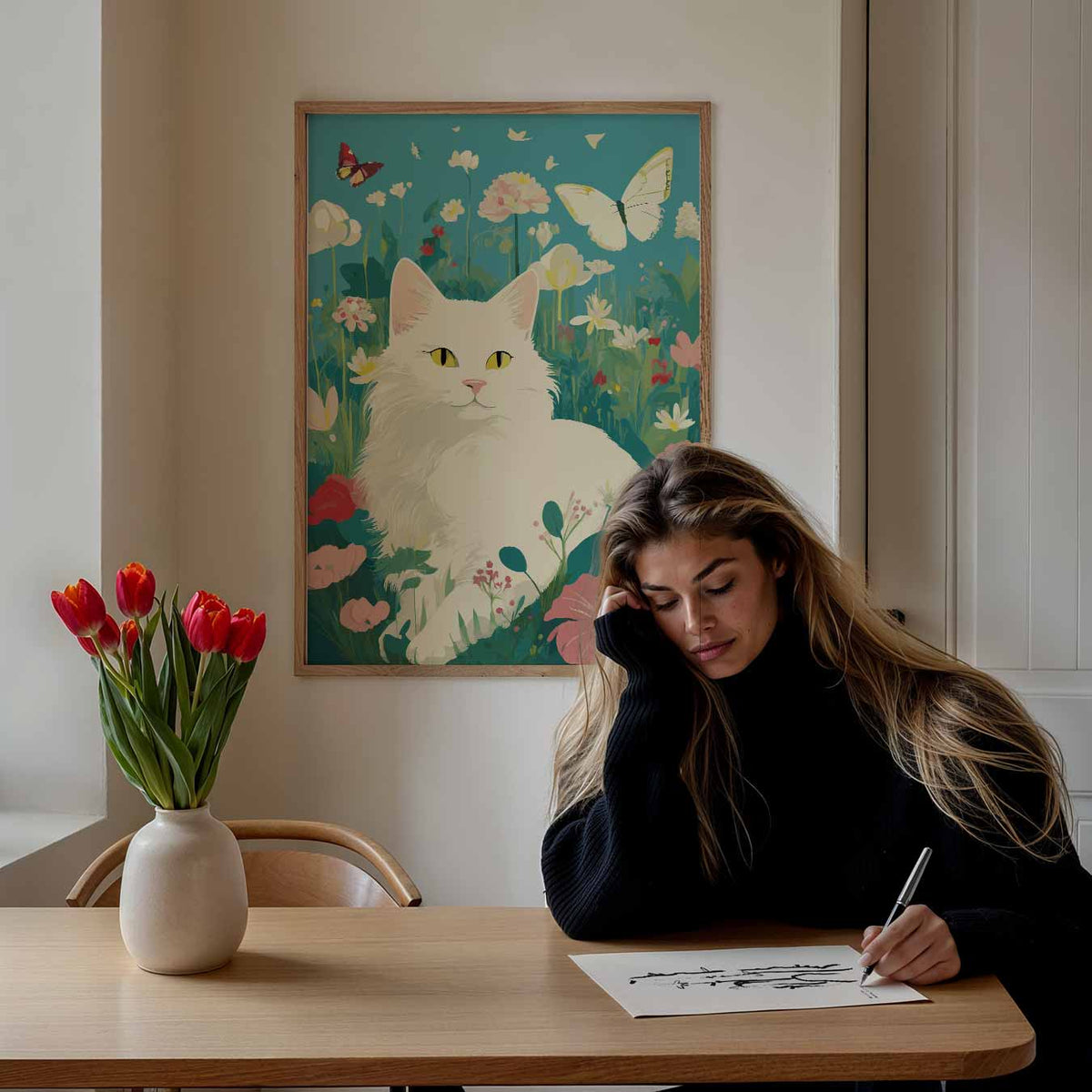 Vrolijke Kat in Bloementuin – mindful portret poster, afbeelding 7