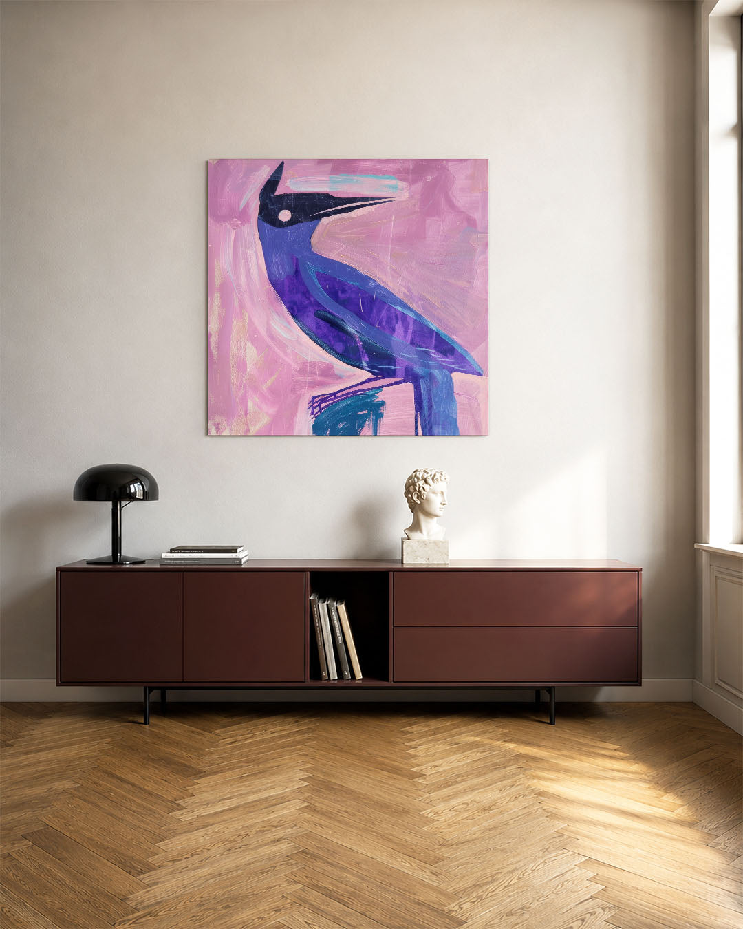 Vogelsilhouet met kleuren kunstwerk – tweede productweergave – dit werk toont een vogel in krachtige lijnen en kleuren. Het