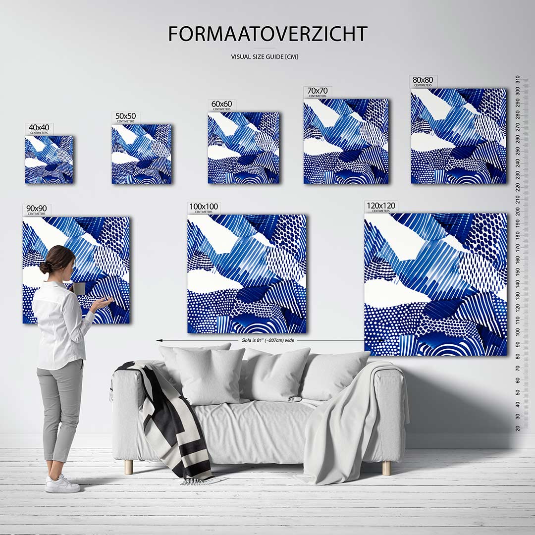 Dynamische patronen kunstwerk – sfeerbeeld – dit kunstwerk toont een levendige compositie van blauwe en witte lijnen en