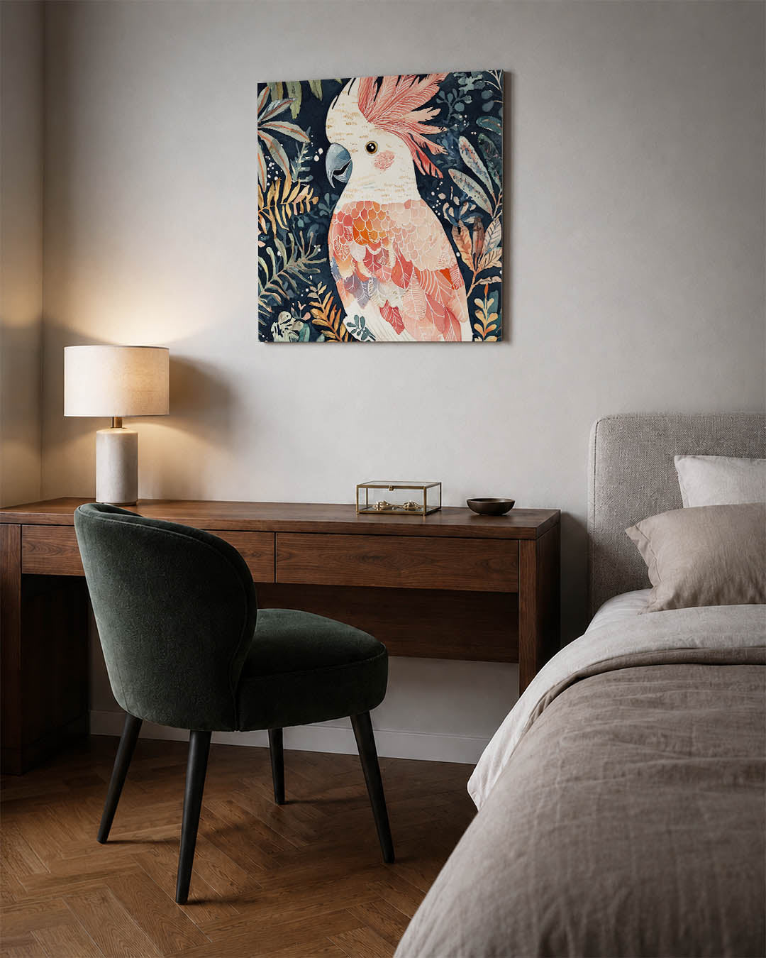 Vrolijke vogel illustratie kunstwerk – materiaalweergave – dit werk toont een kleurrijke vogel omringd door weelderige