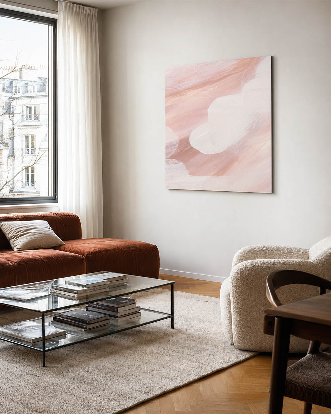 Zachte kleuren vormen kunstwerk – vierkante wanddecoratie – dit kunstwerk toont vloeiende penseelstreken in zachte tinten