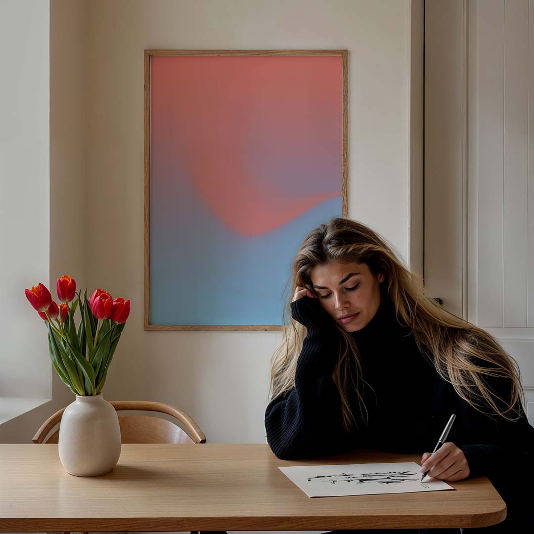 Zachte Zonsopgang Vibes – staande muurposter met kleurrijke abstracte vormen