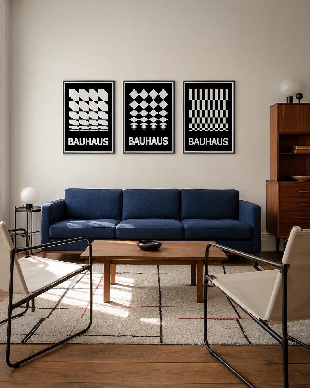 Vorm en ritme driedelige posterset – zwart-wit patroon met diagonale lijnen en blokken. Het spel van licht en donker creëert