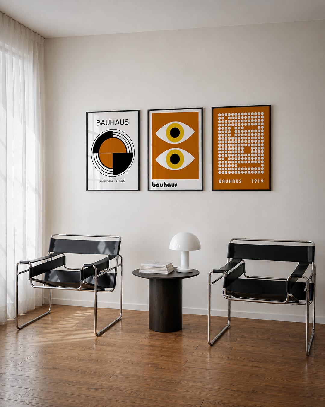 Cirkel en lijnen driedelige posterset – deze posterset toont een centrale cirkel in warm oranje, omringd door zwarte en witte