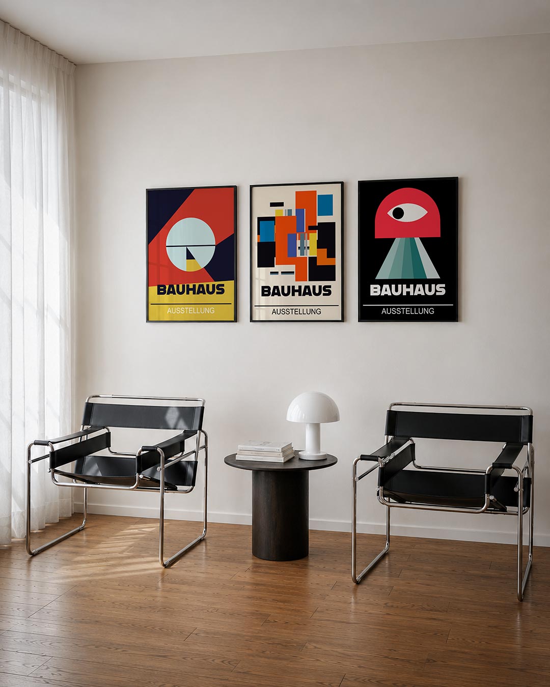 Vormen en kleurvlakken driedelige posterset – deze posterset in drie delen toont een dynamisch spel van cirkels, driehoeken
