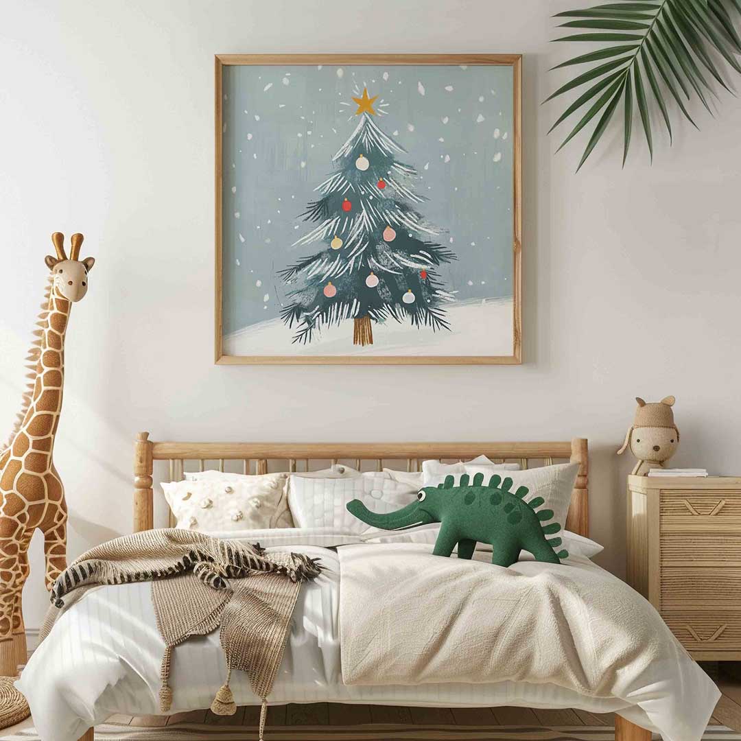 Kerstboom met sneeuw – vierkante kinderkamer wanddecoratie van WallArtistic