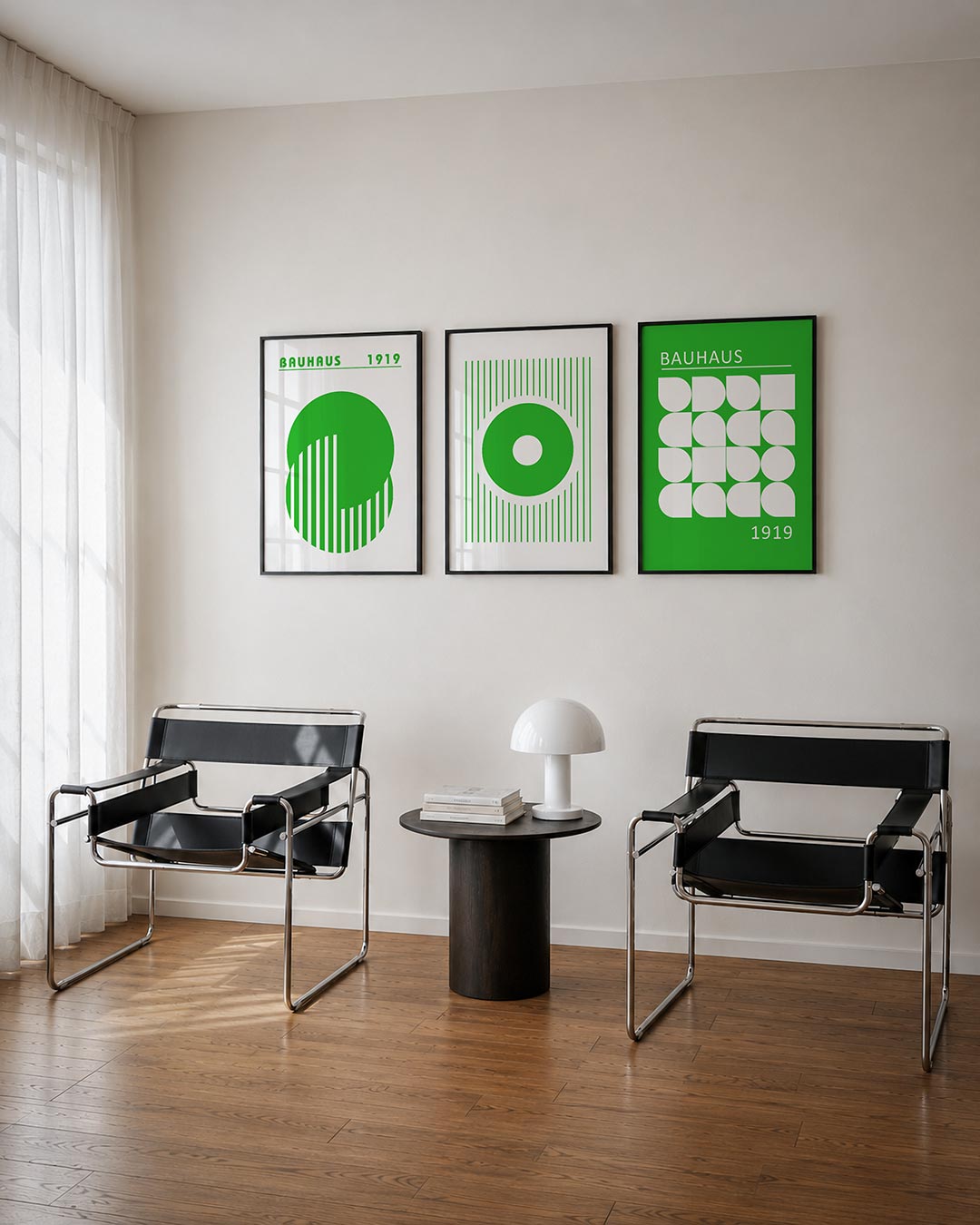 Groene cirkelpatronen posterset – tweede productweergave – deze posterset in drie delen toont een levendige groene cirkel met
