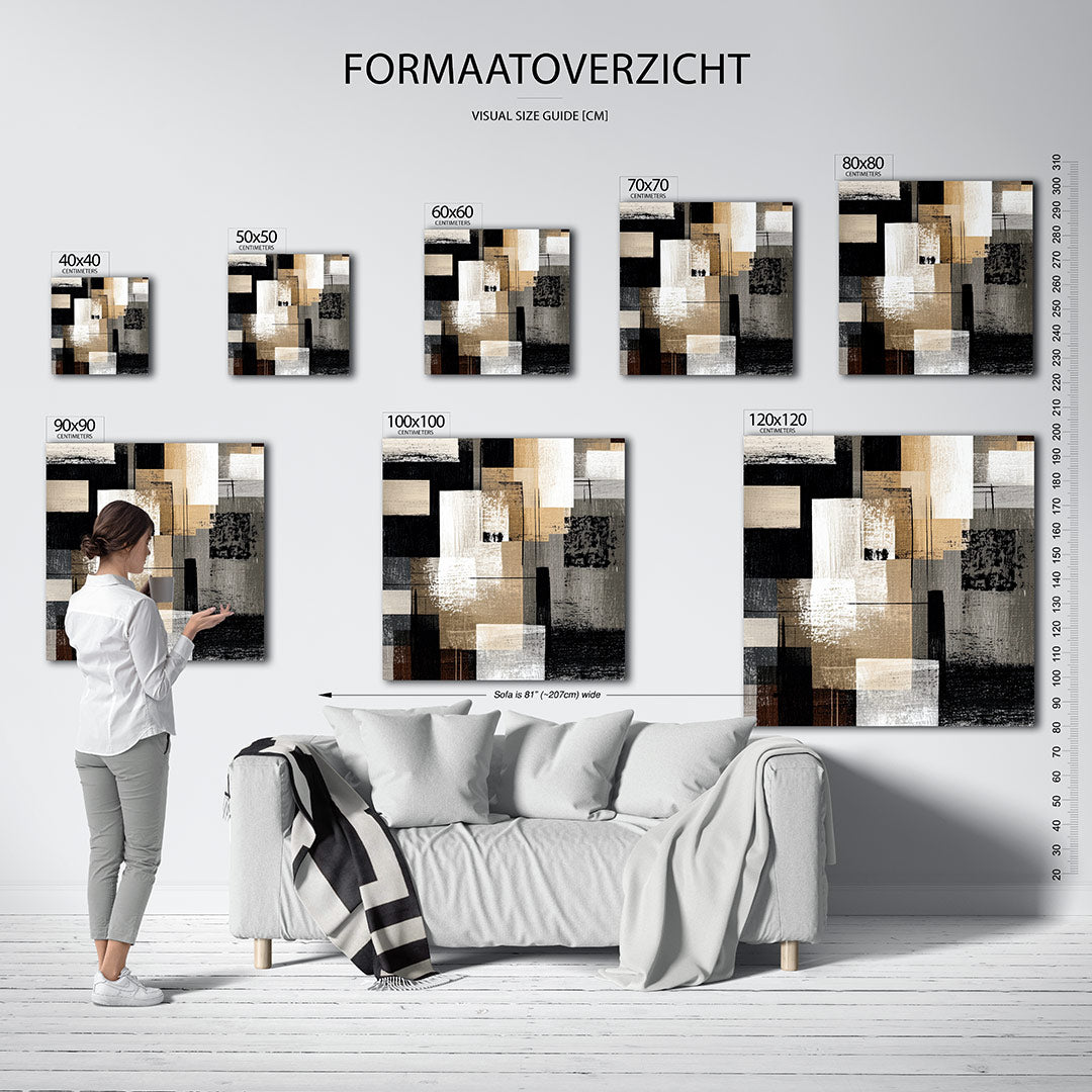 Geometrische compositie kunstwerk – materiaalweergave – dit werk toont een dynamische mix van rechthoeken en lijnen in beige