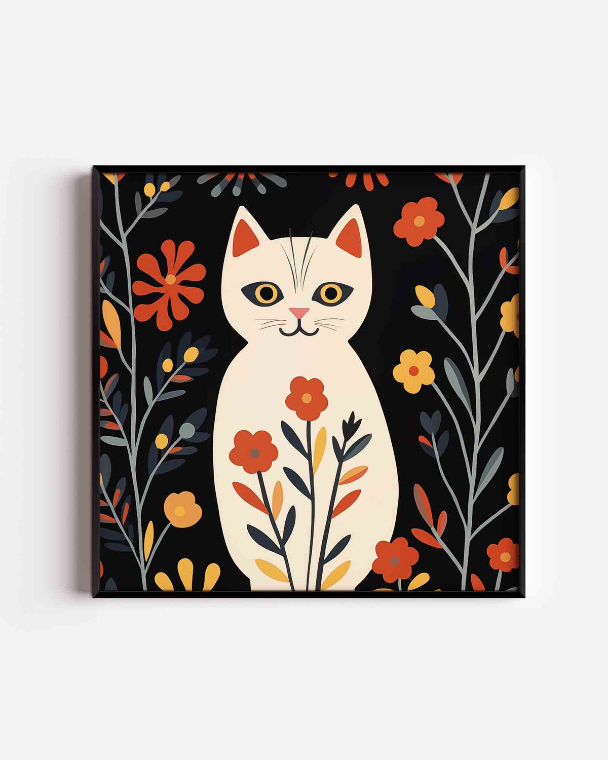 Kat met bloemen – vierkante kinderposter als wanddecoratie