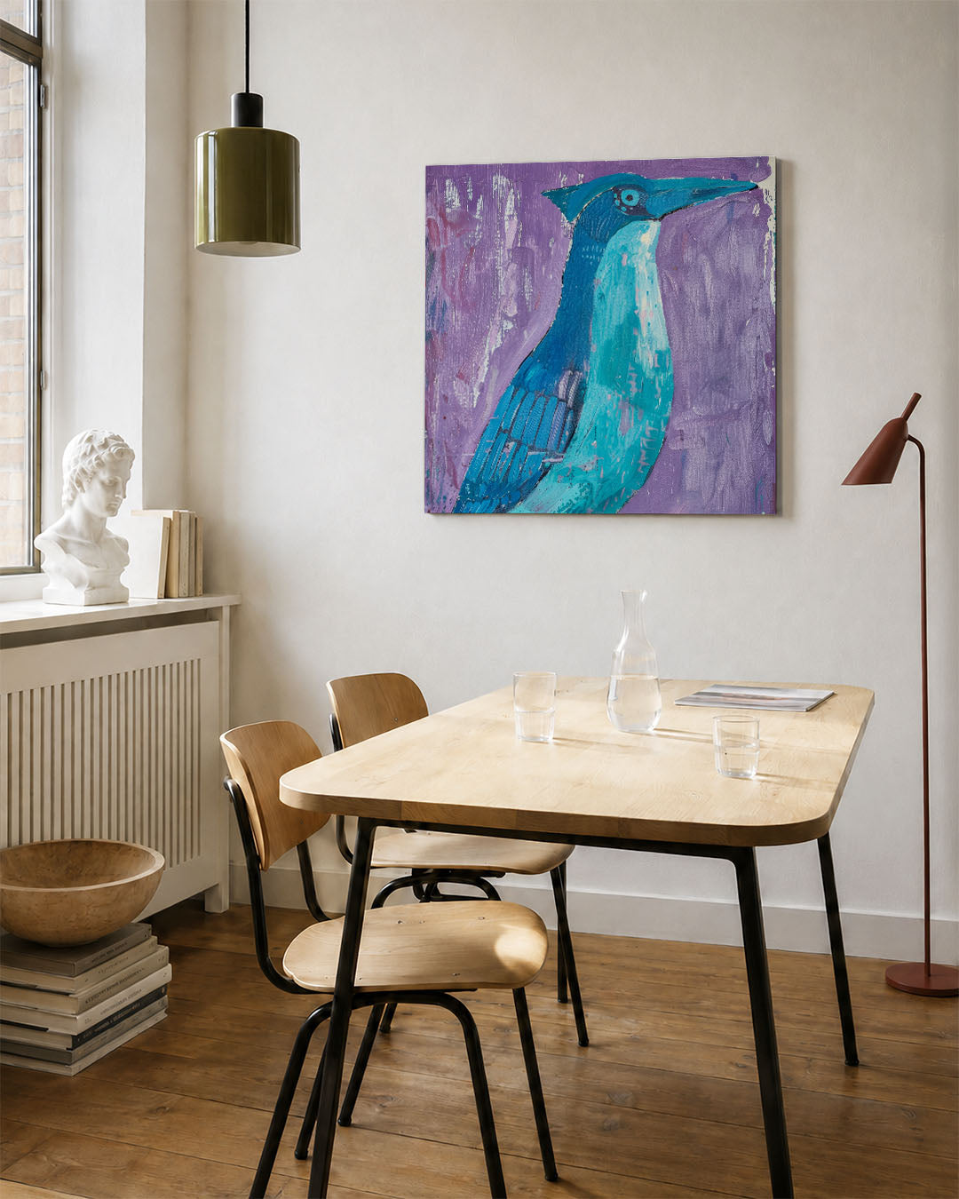 Vogelsilhouet in kleur kunstwerk – vierkante wanddecoratie – dit werk toont een vogel in levendige tinten blauw en paars, met