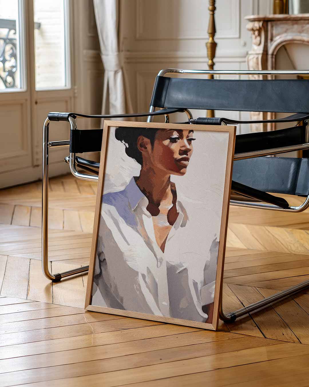 Elegante Vrouw in Witte Blouse – zomerse wandkunst als portret poster