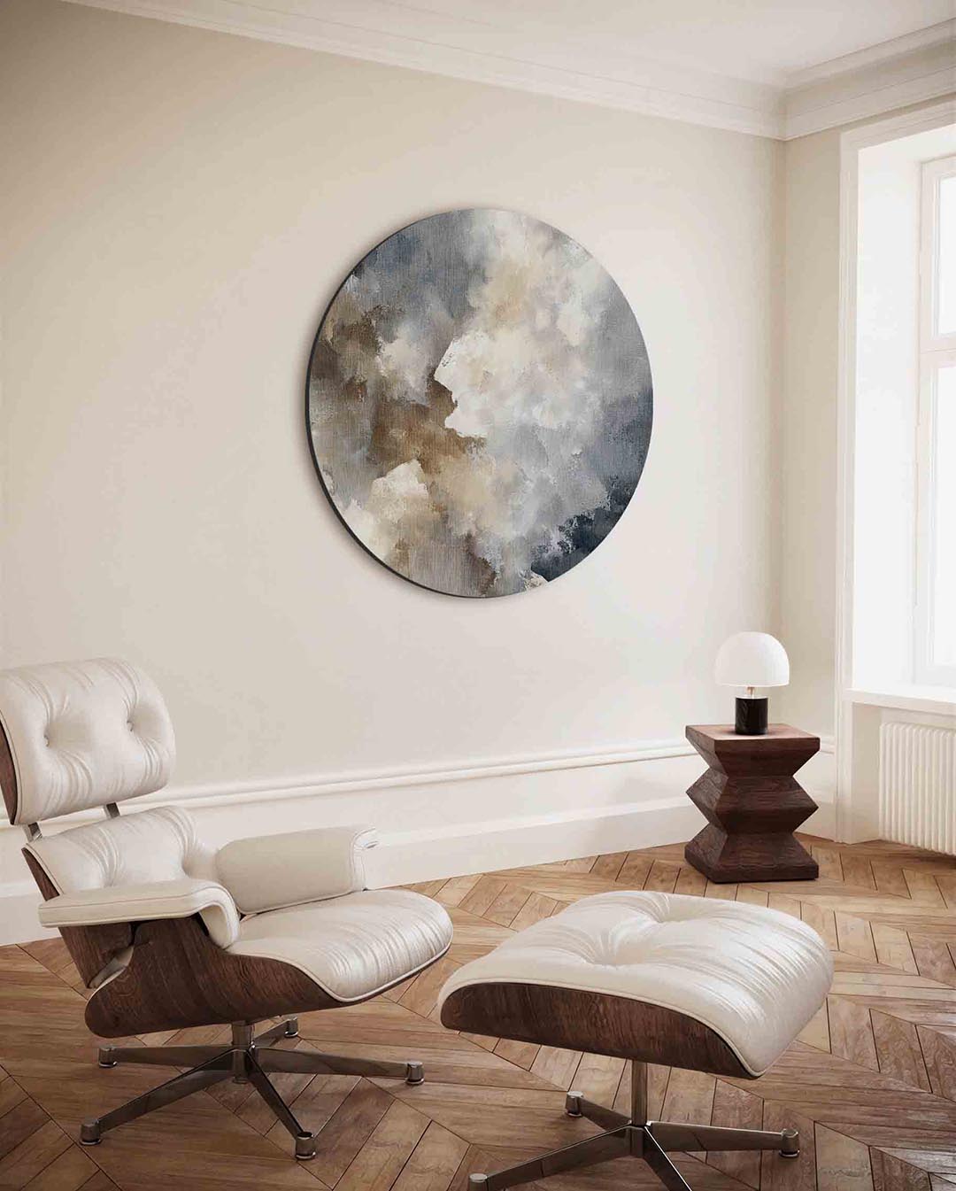 Abstracte wolken – moderne ronde wanddecoratie met vrouwelijk portret