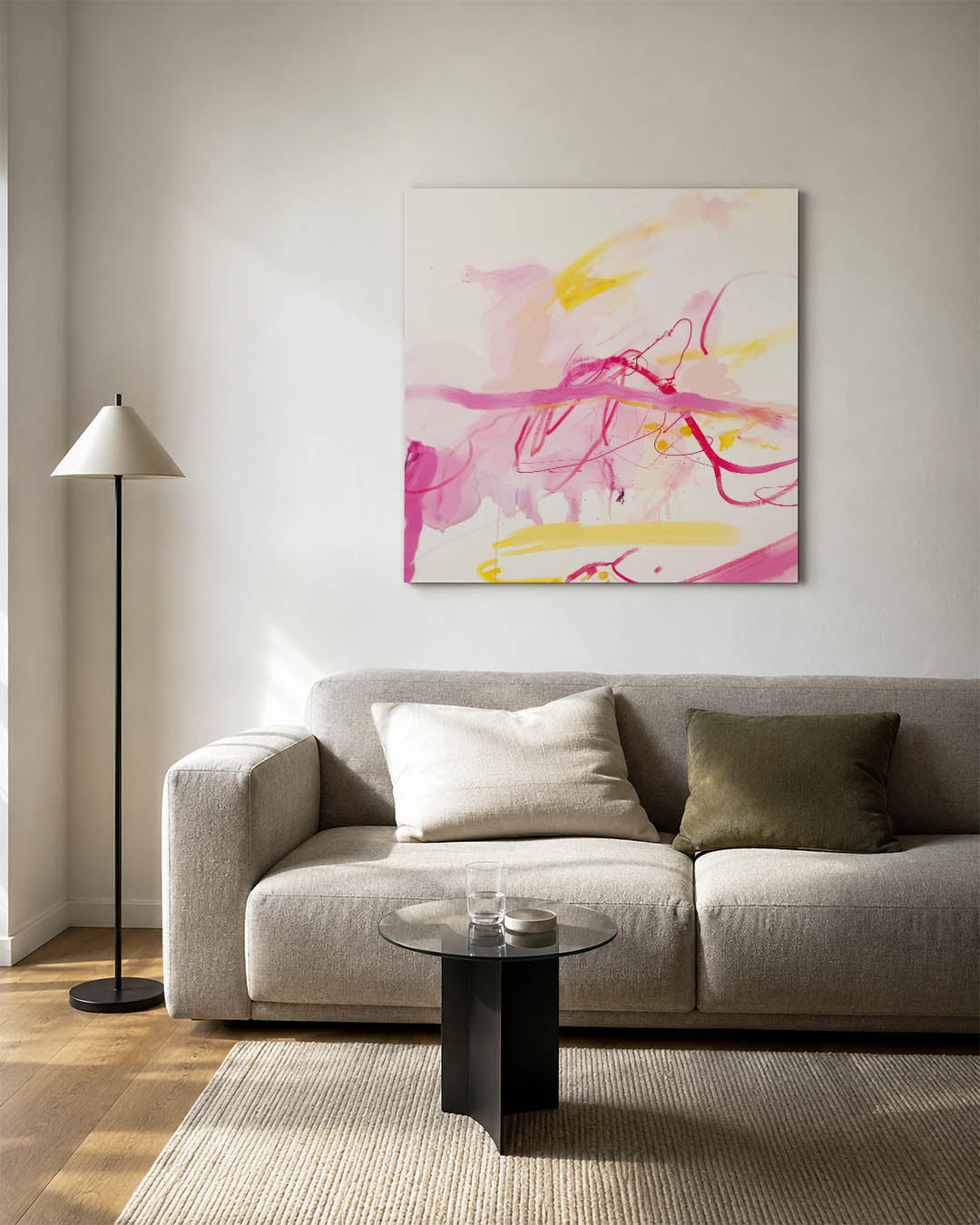 Kleurencompositie kunstwerk – vierkante wanddecoratie – dit werk toont een dynamisch spel van roze en gele tinten, met