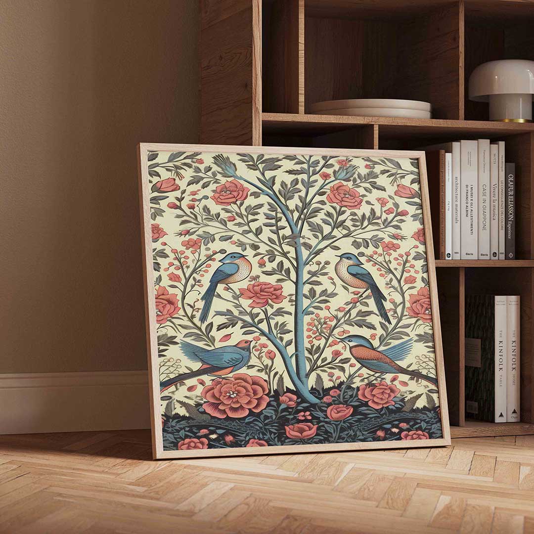 Vogels en bloemen – vintage wandkunst als vierkante poster