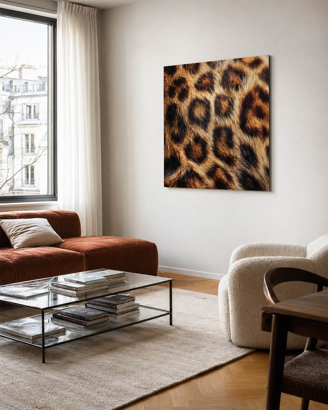 Dierlijke patronen kunstwerk – vierkante wanddecoratie – dit werk toont een close-up van een vacht met donkere vlekken op een