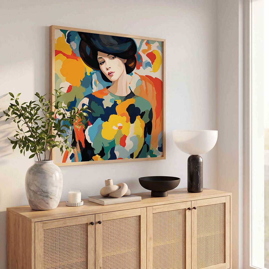 Vrouw met kleurrijke patronen – illustratie poster in vierkant formaat