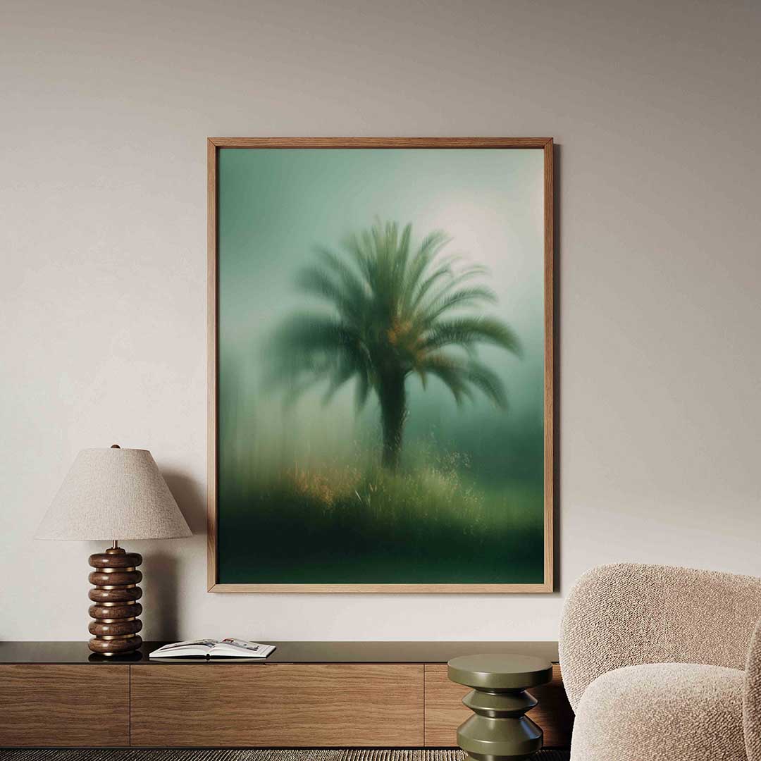Palmboom in mist – tropische jungle poster in staand formaat
