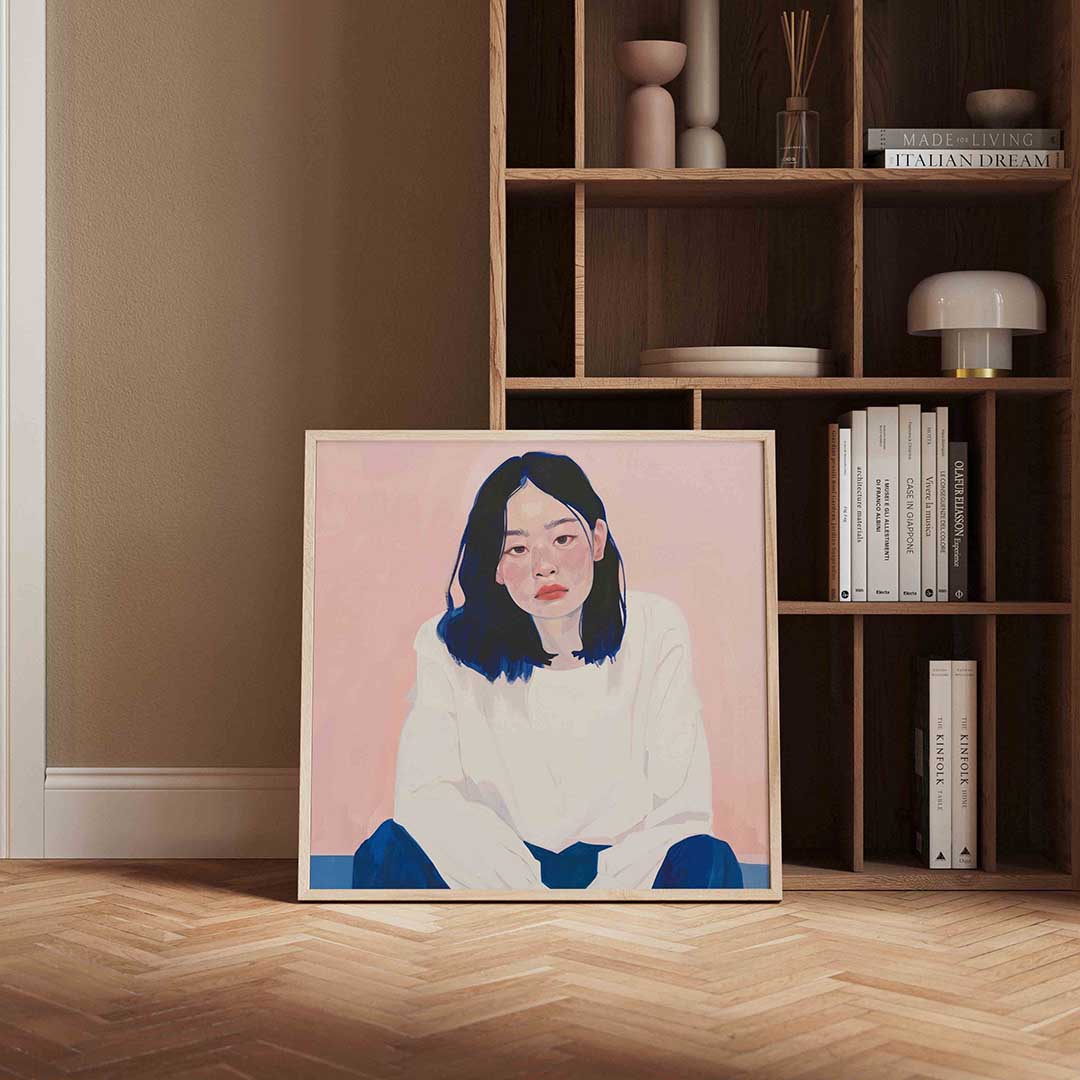 Vrouw met donkere haren – vierkante design wanddecoratie van WallArtistic