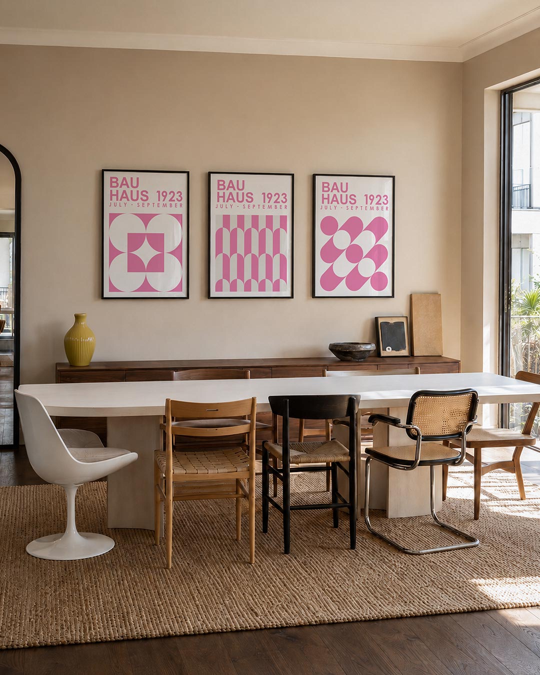 Vormen en vlakken driedelige posterset – deze posterset in drie delen toont een speelse combinatie van roze en wit. Grote