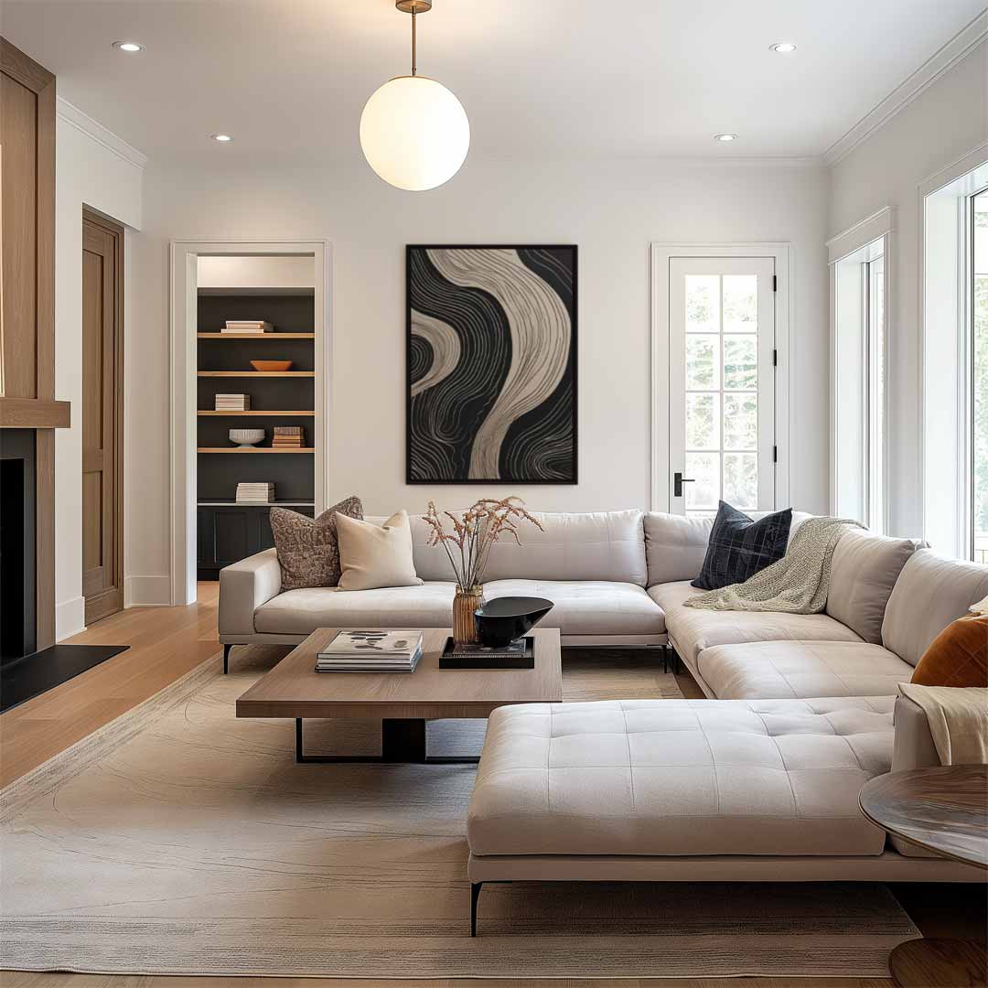 Golvende Lijnen op Zwart – staand kunstwerk voor modern interieur