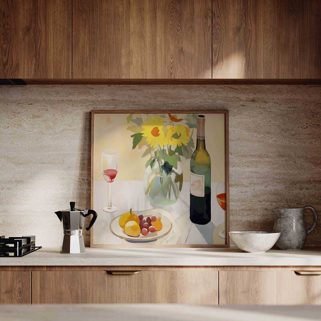 Stilleven met zonnebloemen – culinaire wandkunst als vierkante poster
