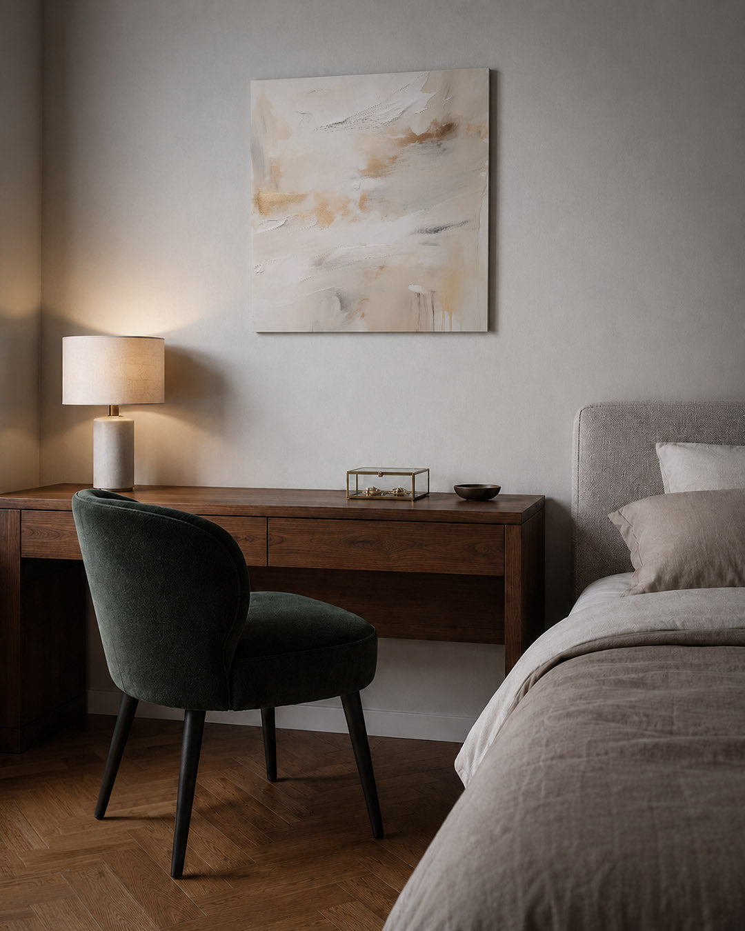 Zachte kleuren harmonie kunstwerk – sfeerbeeld – dit kunstwerk toont een vloeiende compositie van beige en wit, met subtiele