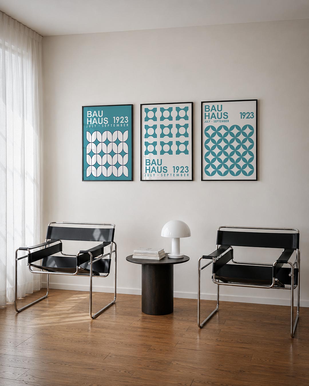 Vorm en ritme posterset – derde productweergave – deze posterset in drie delen toont een speelse herhaling van witte vormen