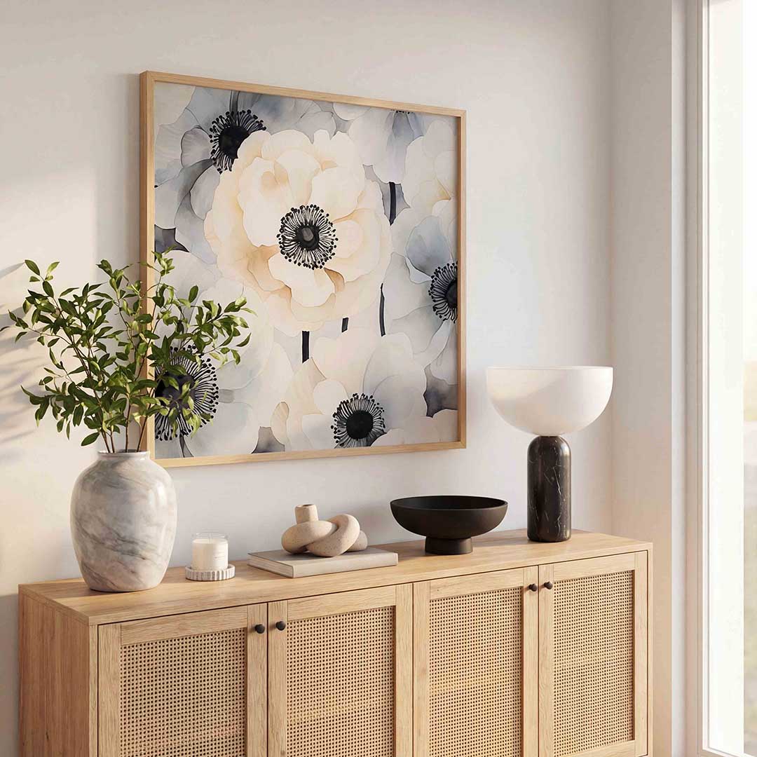 Bloemen in zachte tinten – rustige abstracte wandkunst als vierkante poster
