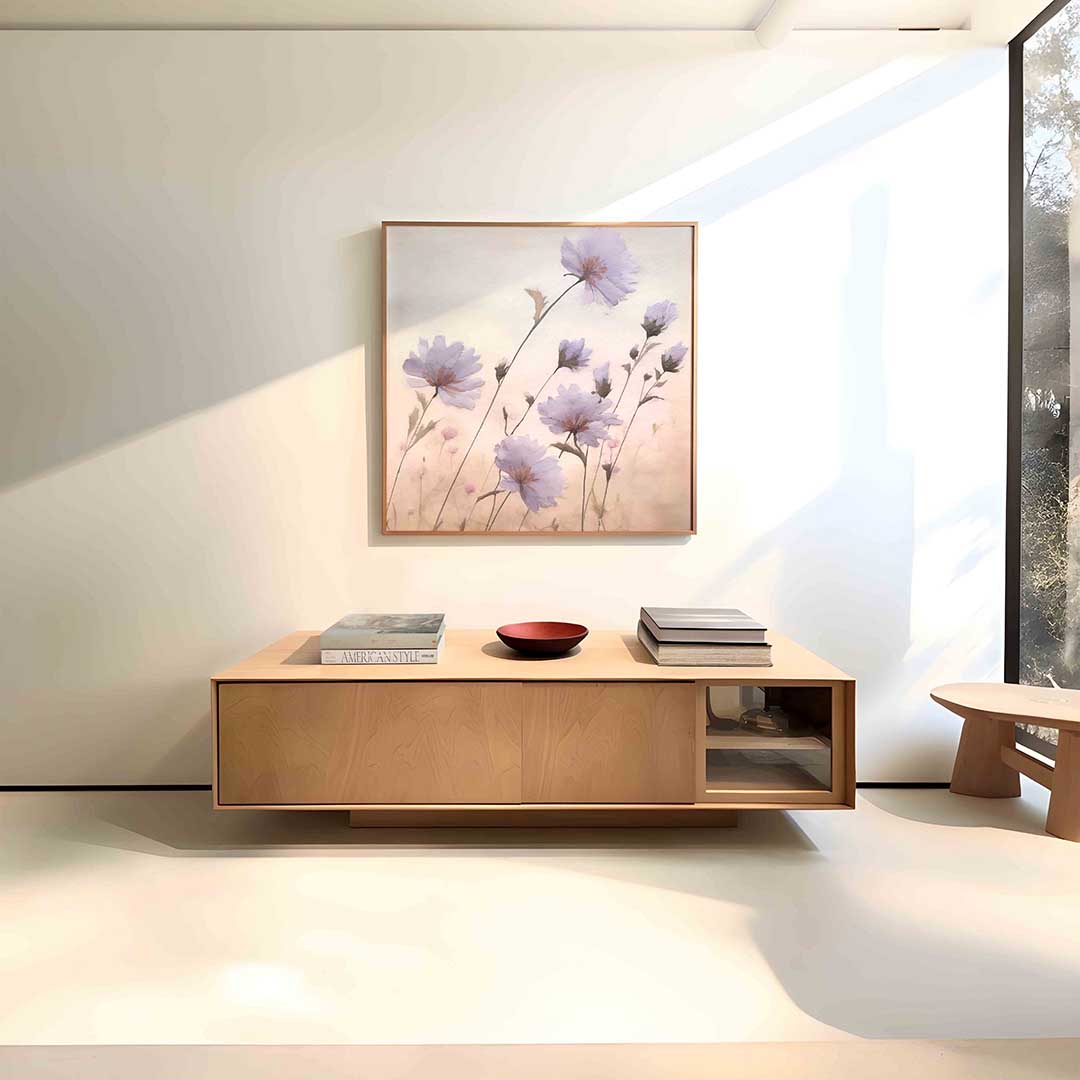 Bloemen in zachte tinten – vierkante bloemen wanddecoratie van WallArtistic