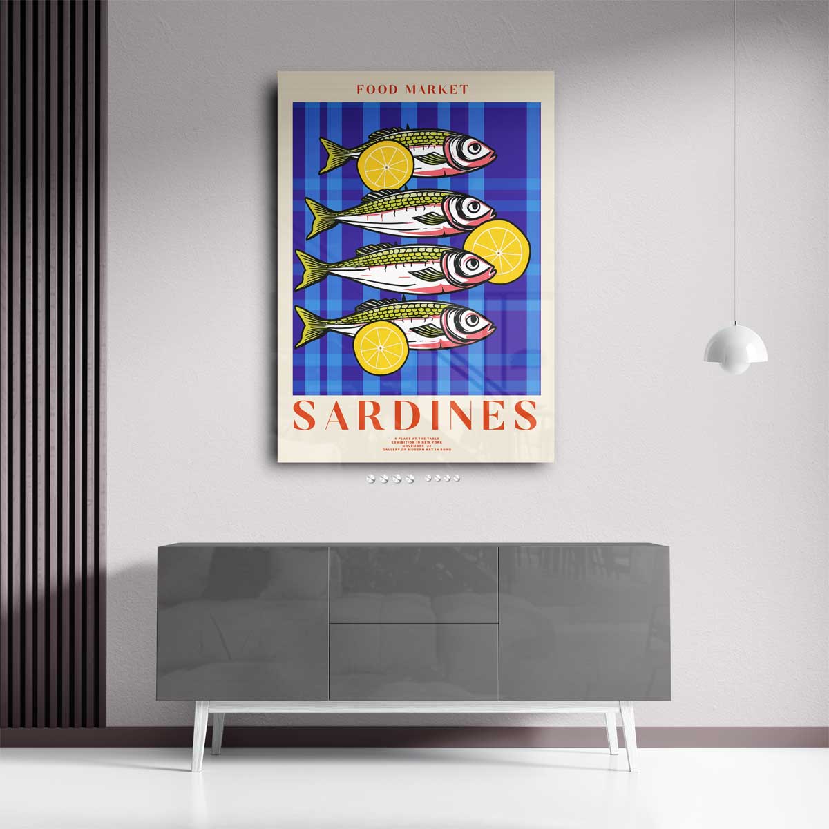 Vrolijke Sardientjes – kunstwerk met zwarte baklijst