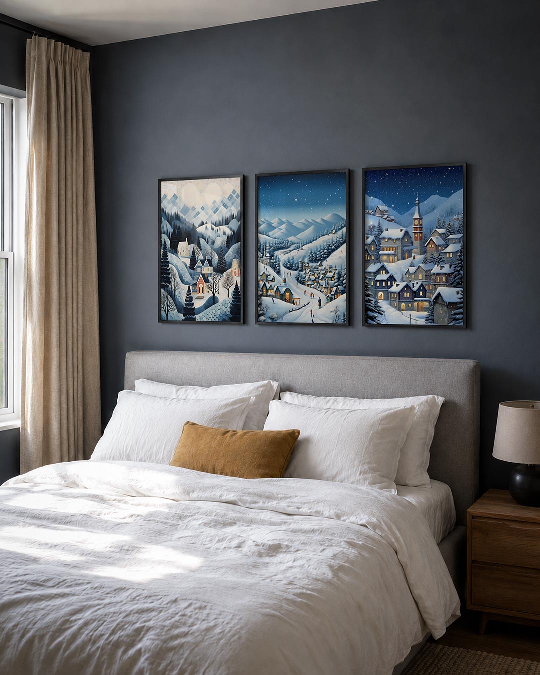 Winterse dorpstafereel posterset – detailweergave – deze posterset in drie delen toont een winterlandschap met