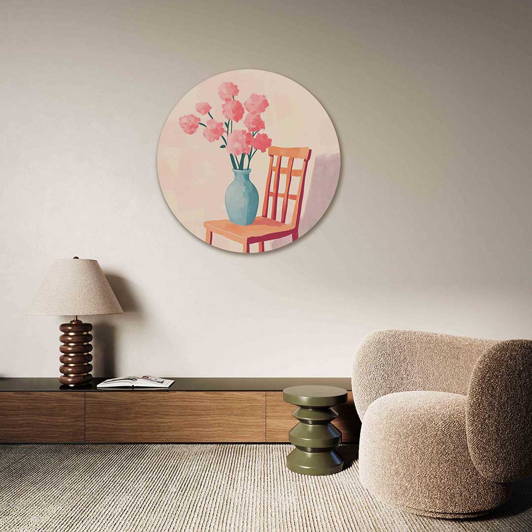Bloemen op stoel – abstracte muurcirkel als ronde wanddecoratie
