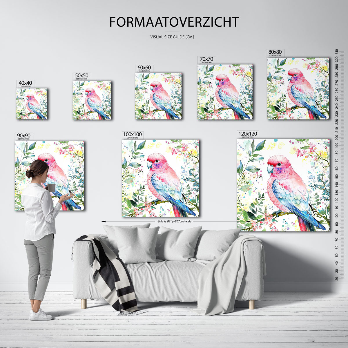 Papegaai en bloemen – vierkante muurposter met dierenthema