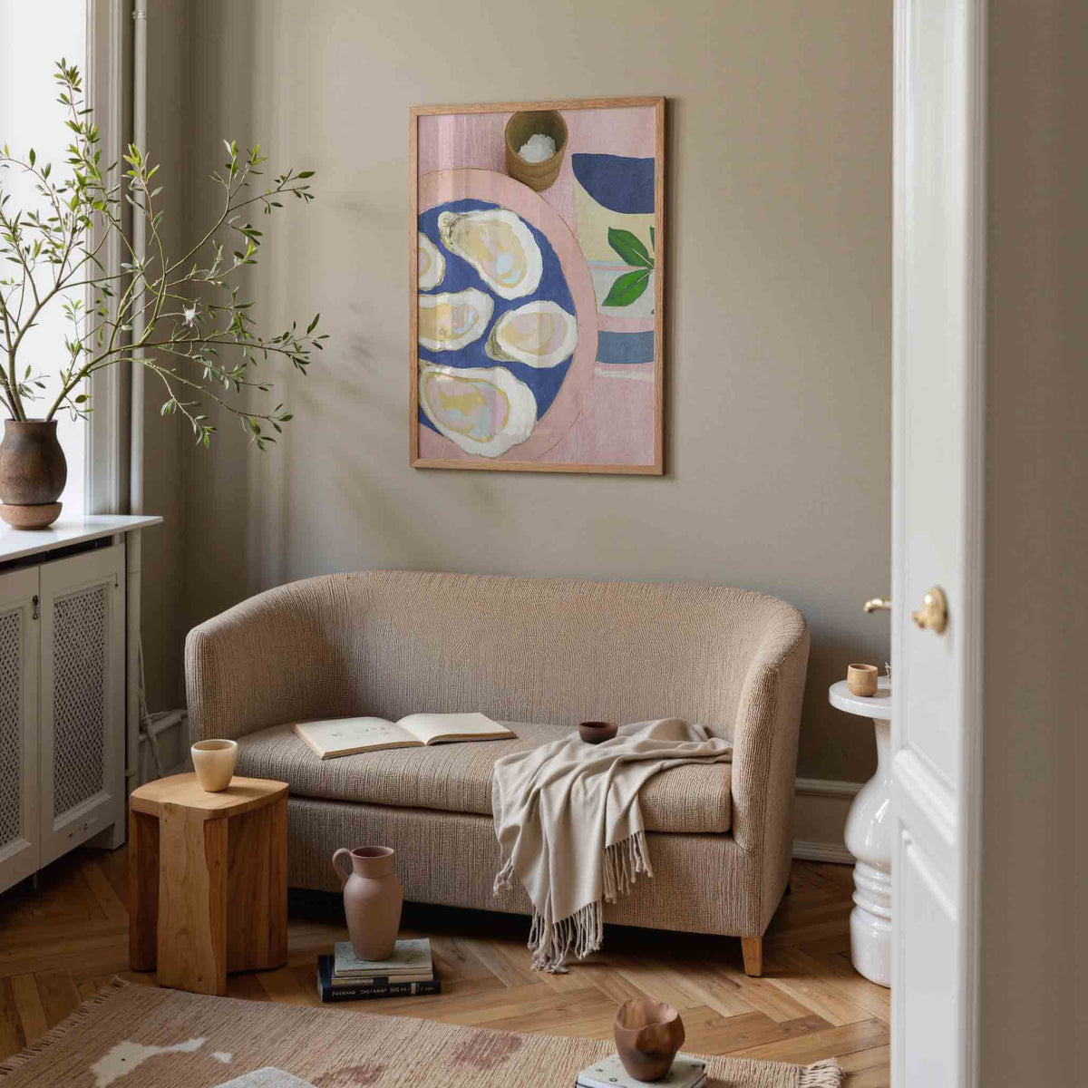 Oesters op bord – pastel poster in staand formaat