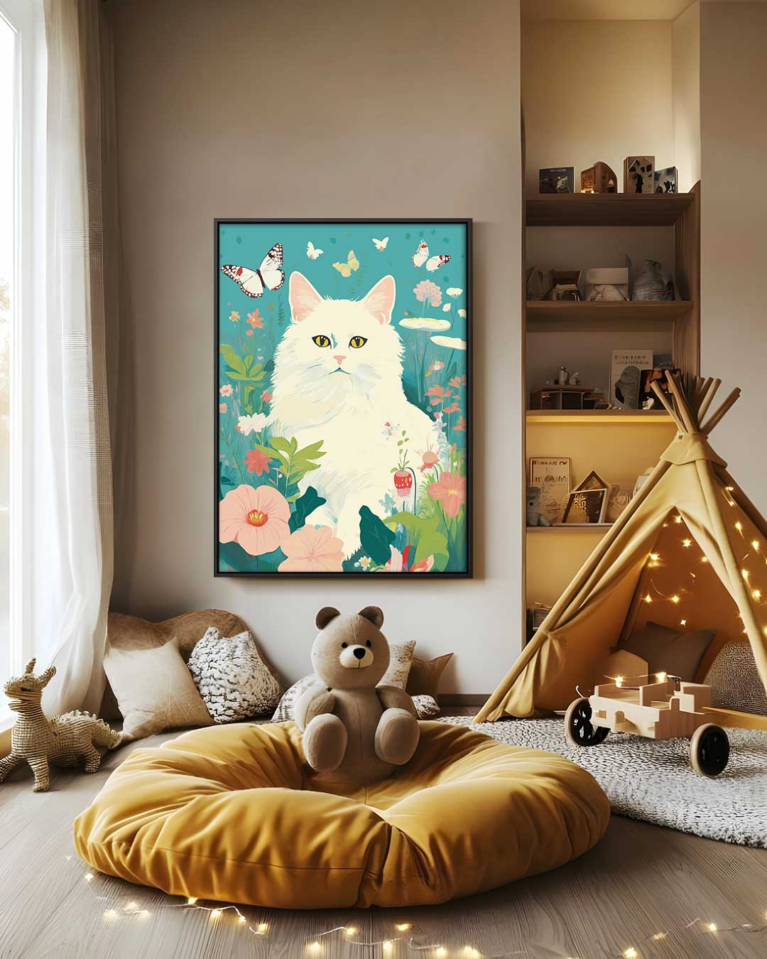 Opera d'arte: Gatto sognante in un giardino fiorito