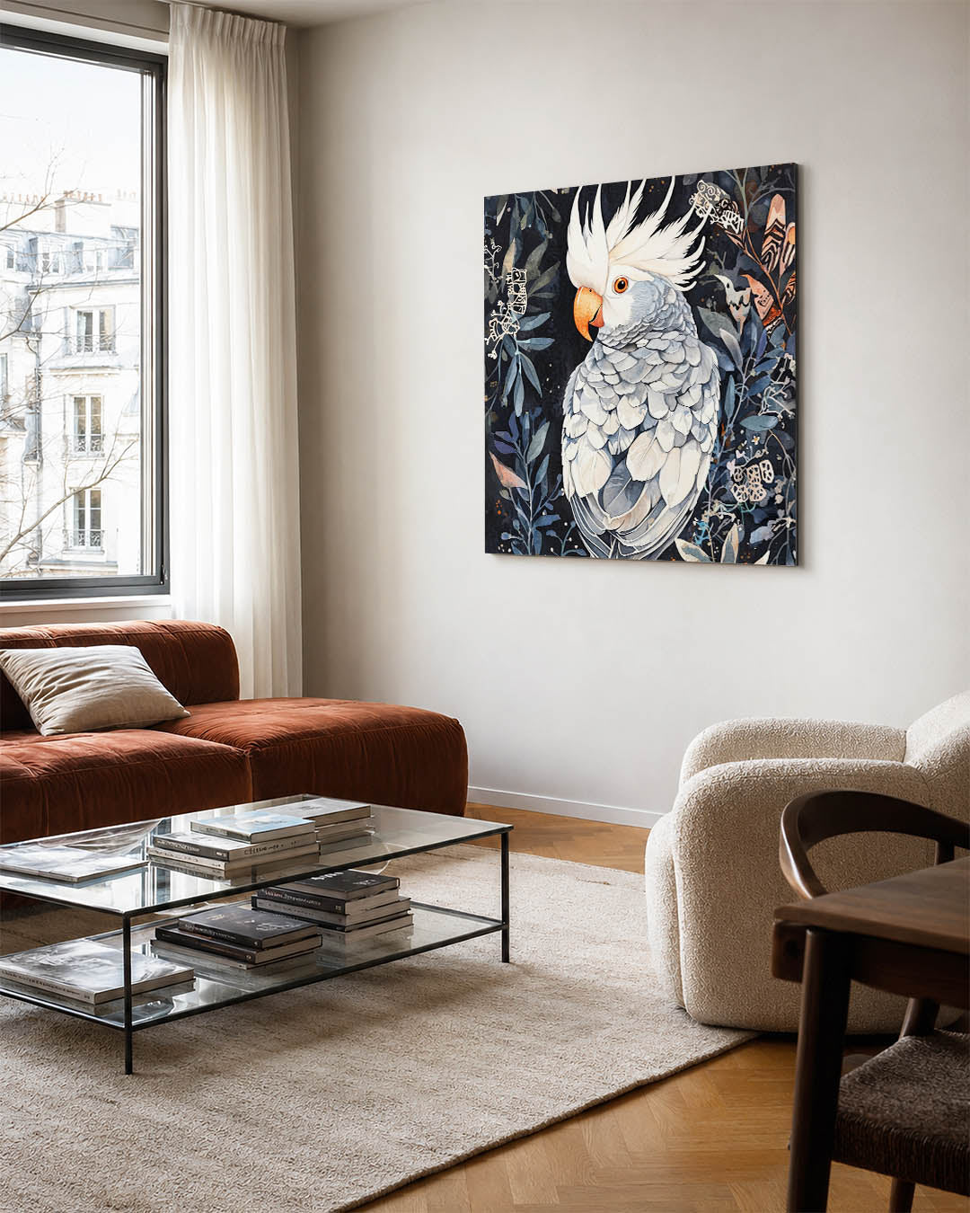 Vogels en bladeren kunstwerk – vierkante wanddecoratie – dit werk toont een gedetailleerde vogel omringd door bladeren. De