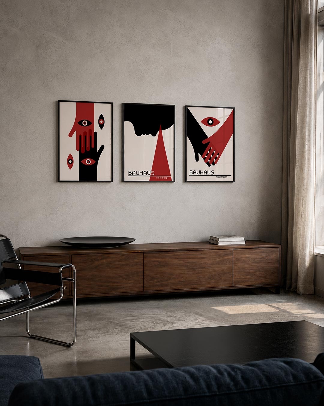 Handen en ogen posterset – tweede productweergave – twee handen in rood en zwart met ogen in het midden. Contrasterende