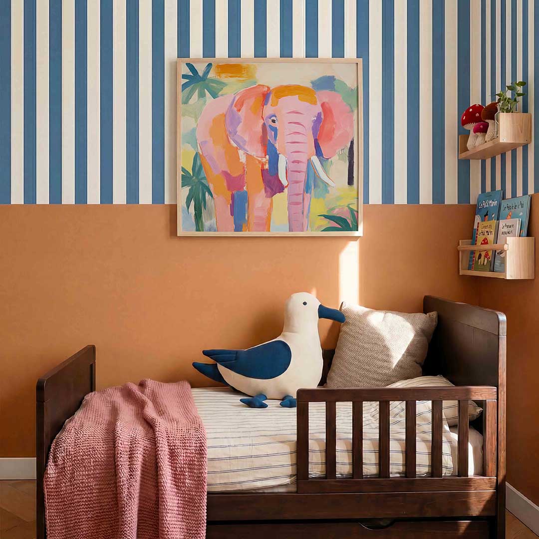 Olifant in kleurrijk landschap – kids poster in vierkant formaat