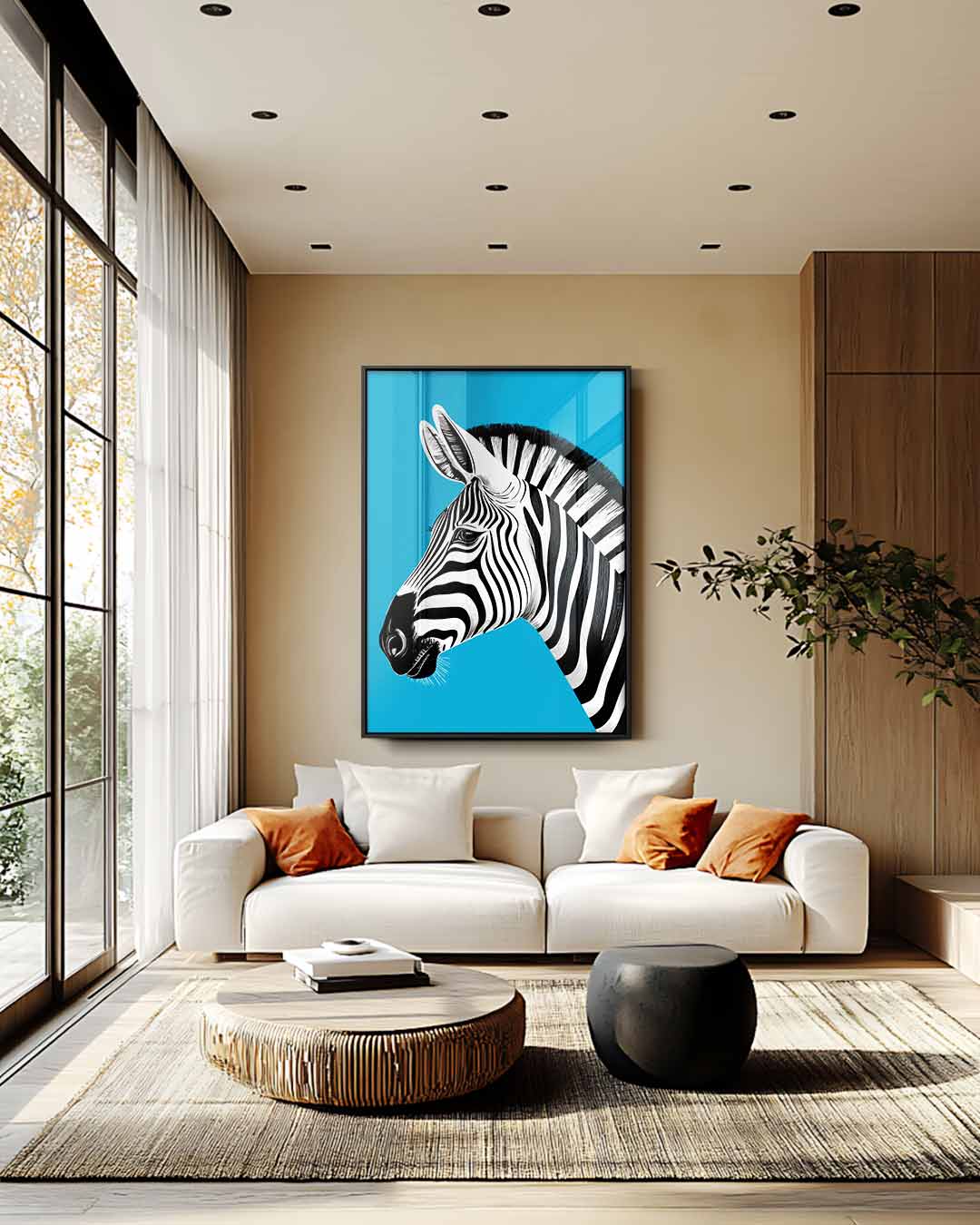 Zebra in het Blauw – modern portret kunstwerk van WallArtistic