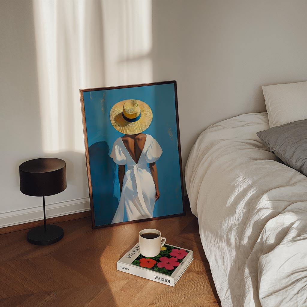 Zomerse Elegantie in Blauw – staande Popart wanddecoratie van WallArtistic