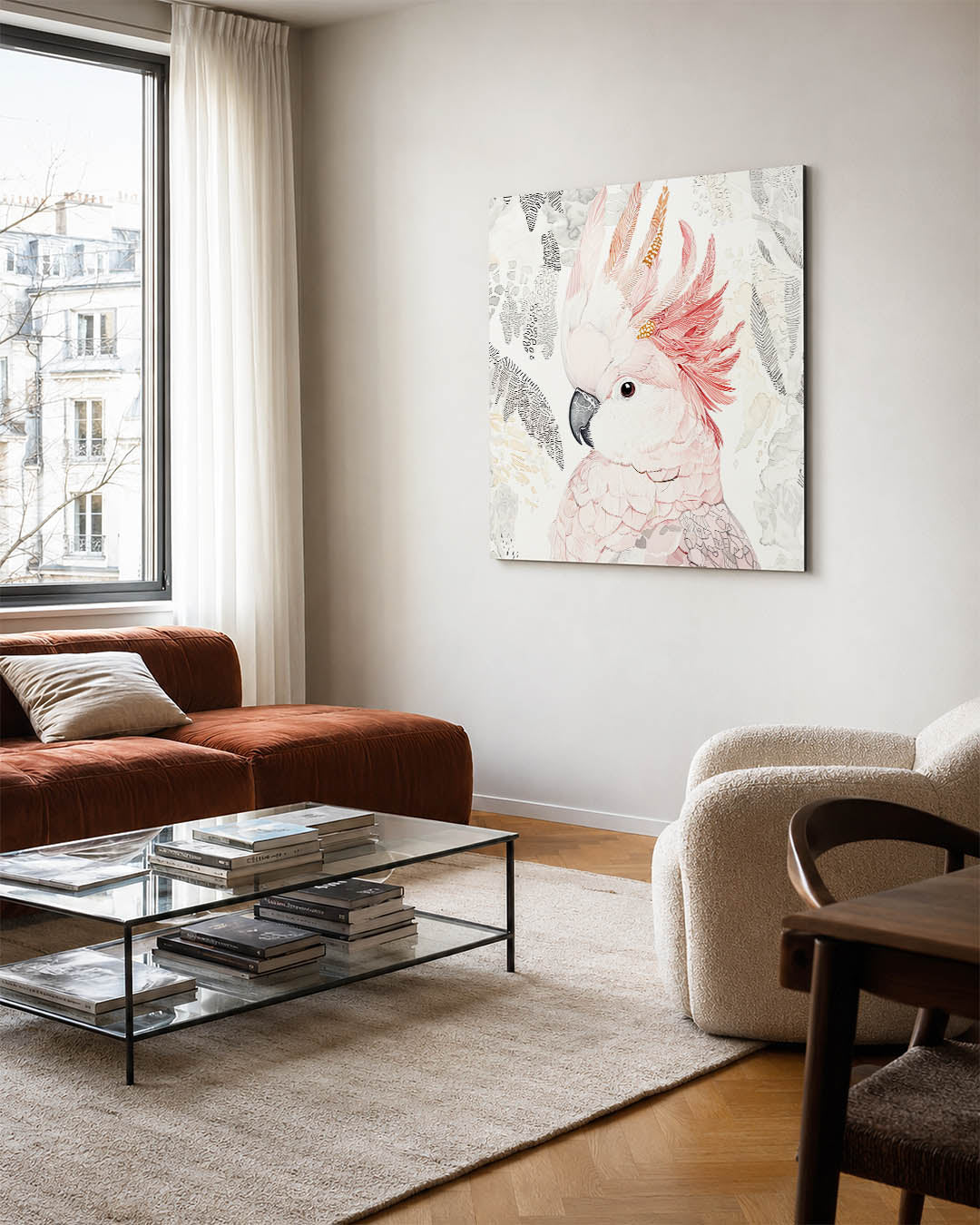 Vogeldetail illustratie kunstwerk – vierkante wanddecoratie – dit werk toont een gedetailleerde vogel met sierlijke veren en
