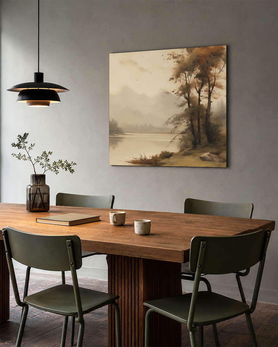 Rustig landschap kunstwerk – tweede productweergave – dit kunstwerk toont een sereen landschap met zachte lijnen en subtiele