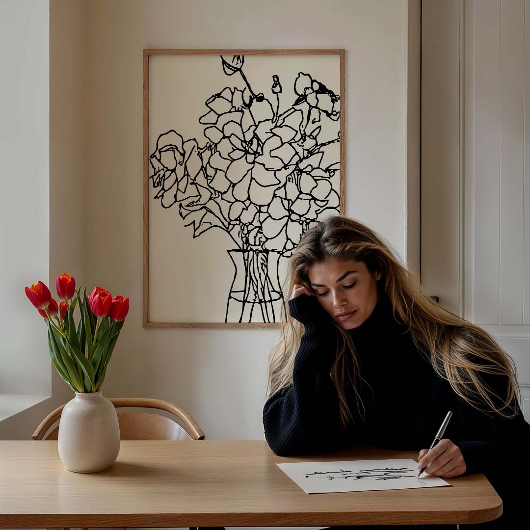 Minimalistische Bloemenlijntekening – staande keuken wanddecoratie van WallArtistic